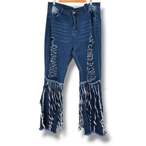 Distressed Ripped Frayed Hem Fringe Bell‎ Bottom Jeans Plus Size 3XL